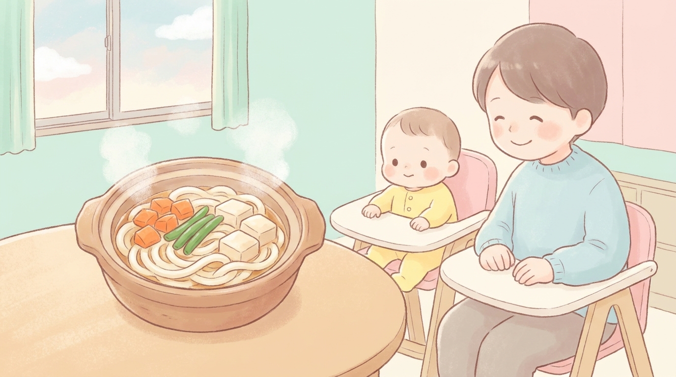湯気の立つ小さな土鍋で野菜と一緒に煮込まれているうどんと、優しい雰囲気の親子の食卓