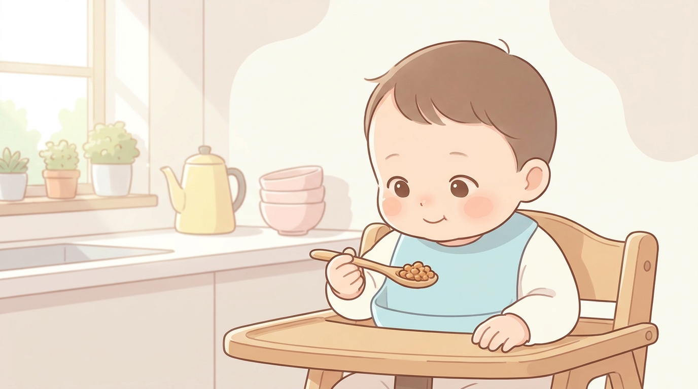 ベビーチェアに座る生後7〜8ヶ月の赤ちゃんが、木のスプーンに乗ったひきわり納豆を見つめている明るいキッチンの様子