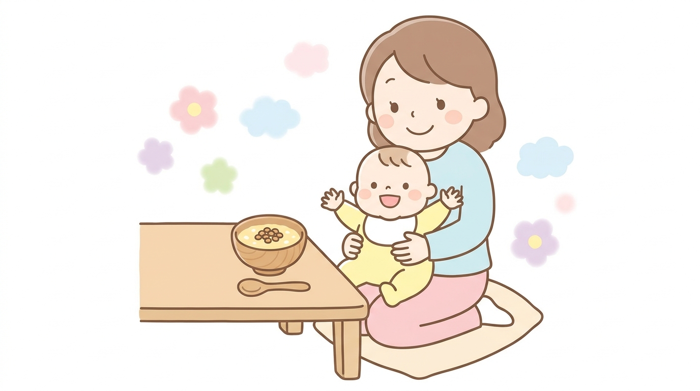 木製の小さなボウルに盛られた納豆かぼちゃがゆと、にこにこ笑う赤ちゃんを抱っこするお母さんの温かいシーン