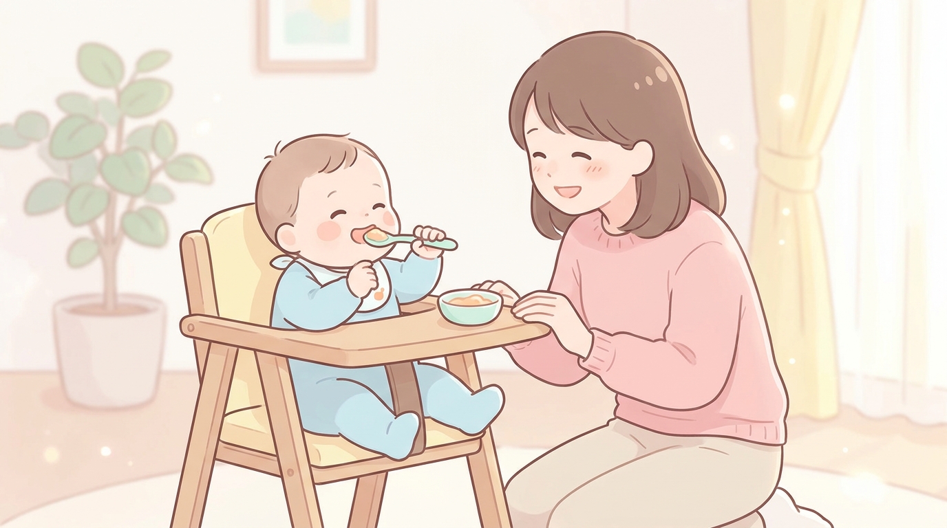 ベビーチェアに座って離乳食用のスプーンを口に運ぶ生後6か月ごろの赤ちゃんと、優しく見守る母親の温かい家庭風景