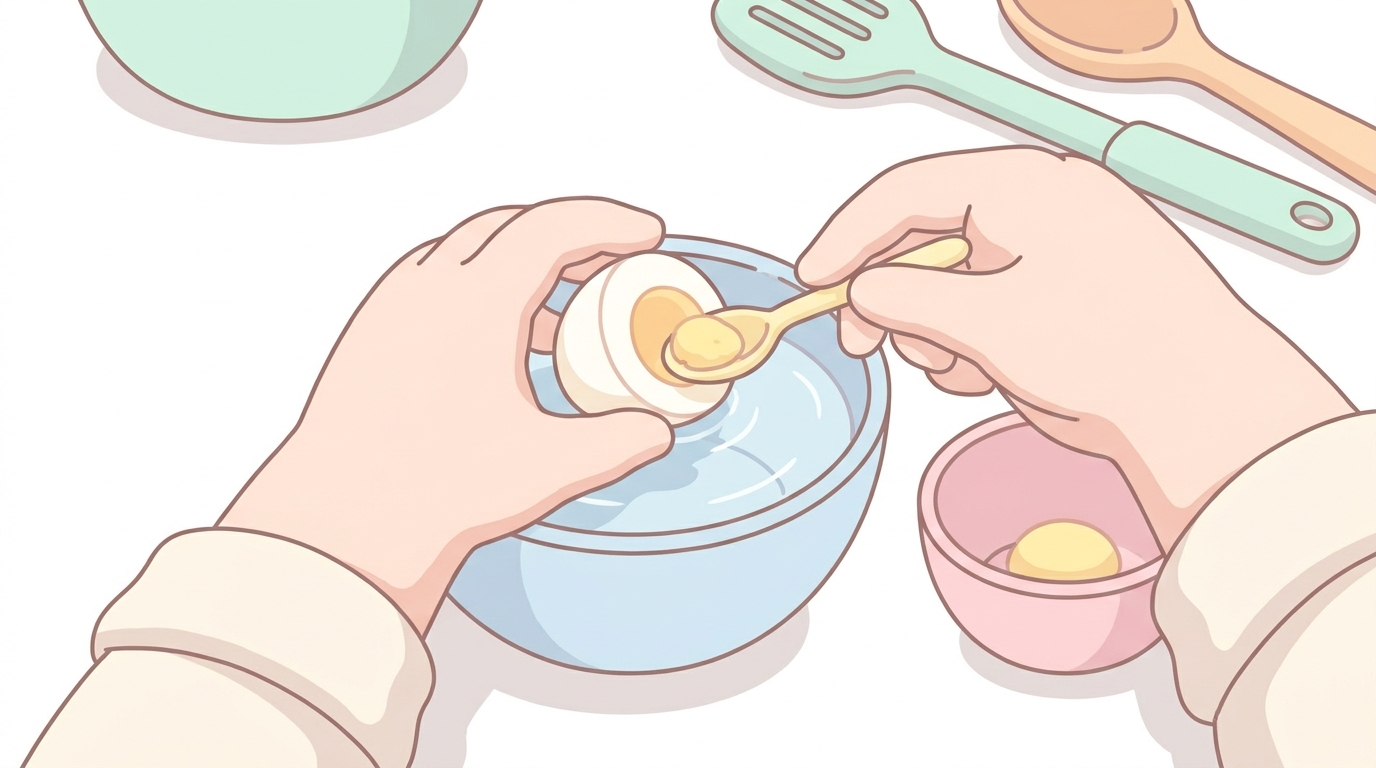 キッチンで茹でた卵を冷水にとり、黄身と白身を分けて小さじで取り分ける親の手元のアップ