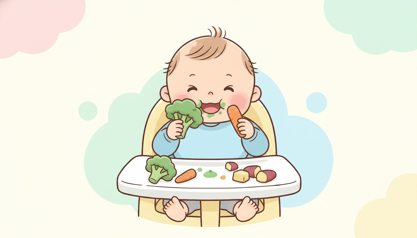 ハイチェアに座ってブロッコリーやにんじんスティックを手づかみで食べる笑顔の赤ちゃん