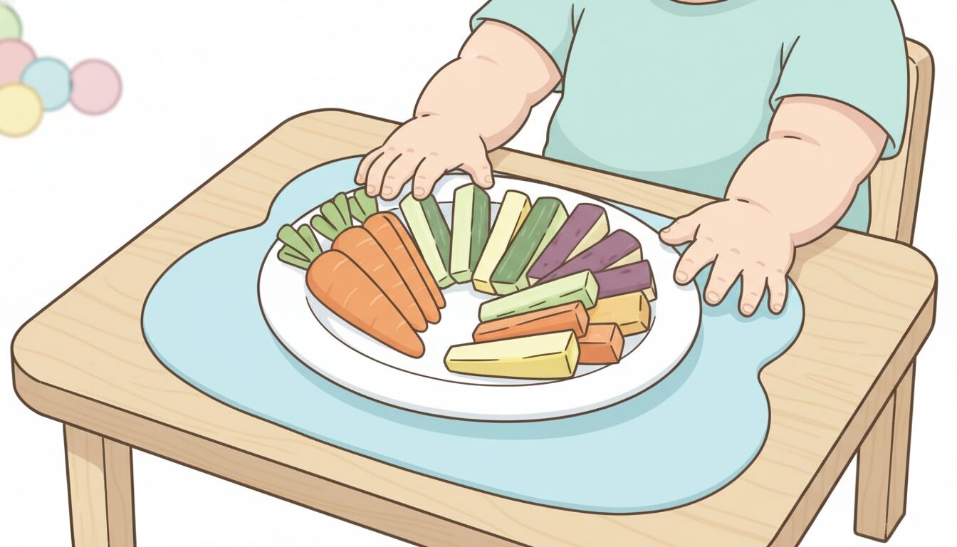 テーブルに並んだ色とりどりの野菜スティックを興味深そうに観察する月齢7か月ほどの赤ちゃんの手元