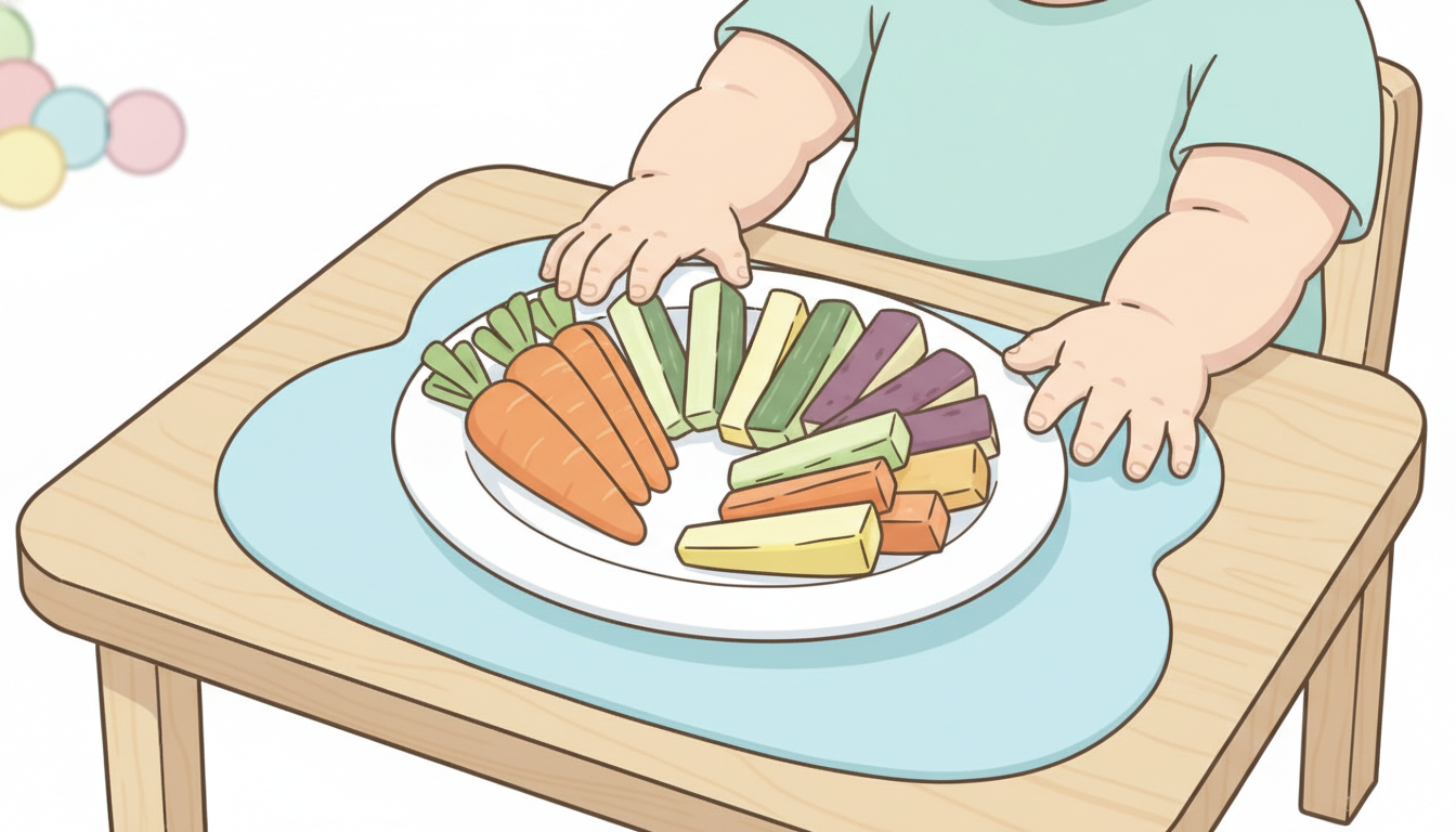テーブルに並んだ色とりどりの野菜スティックを興味深そうに観察する月齢7か月ほどの赤ちゃんの手元