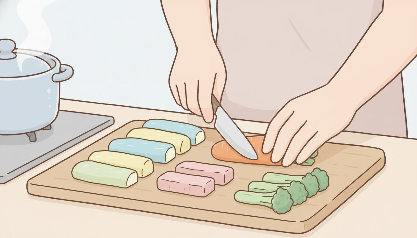 キッチンで離乳食用にやわらかく茹でた野菜をスティック状にカットしている母親の手元