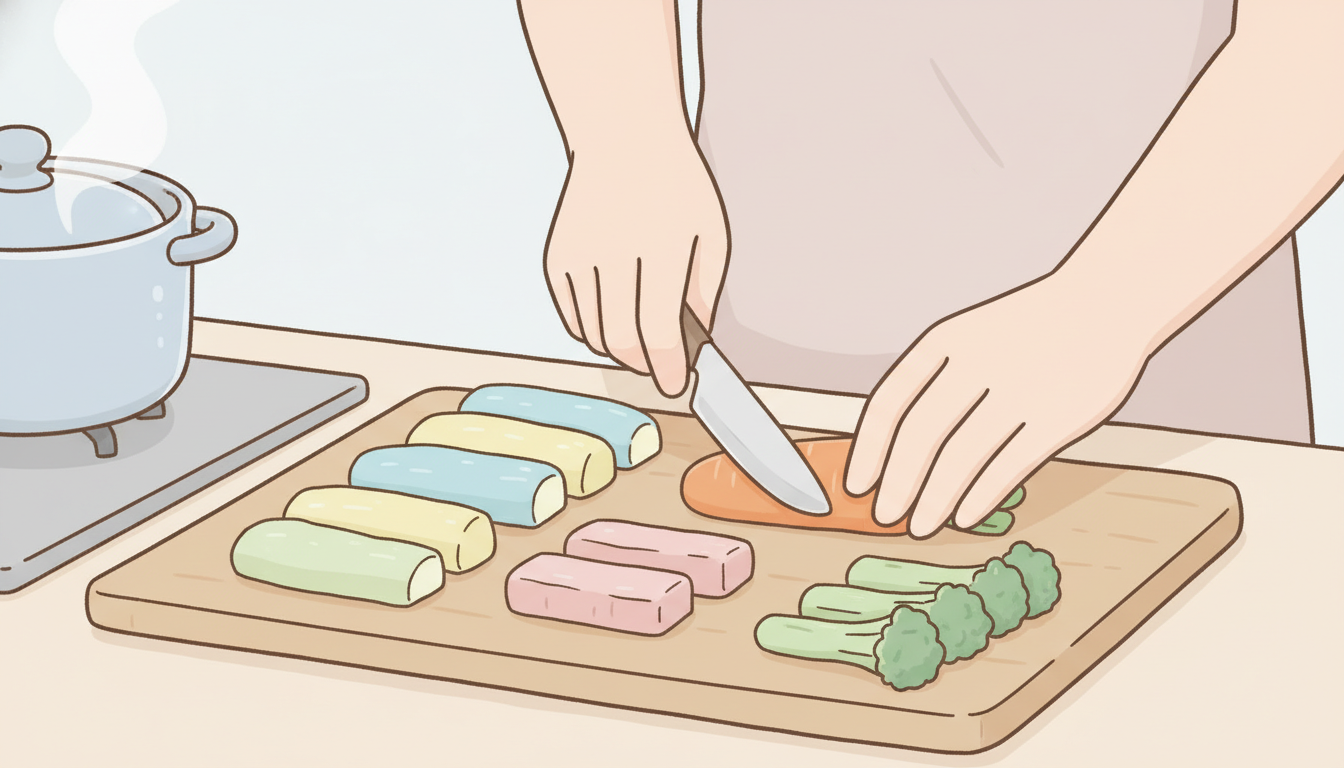 キッチンで離乳食用にやわらかく茹でた野菜をスティック状にカットしている母親の手元