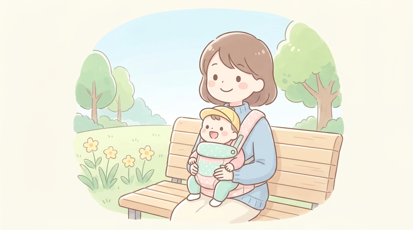 公園のベンチで前向き抱っこ紐に赤ちゃんを乗せながら笑顔で景色を眺める20代後半の母親と赤ちゃん