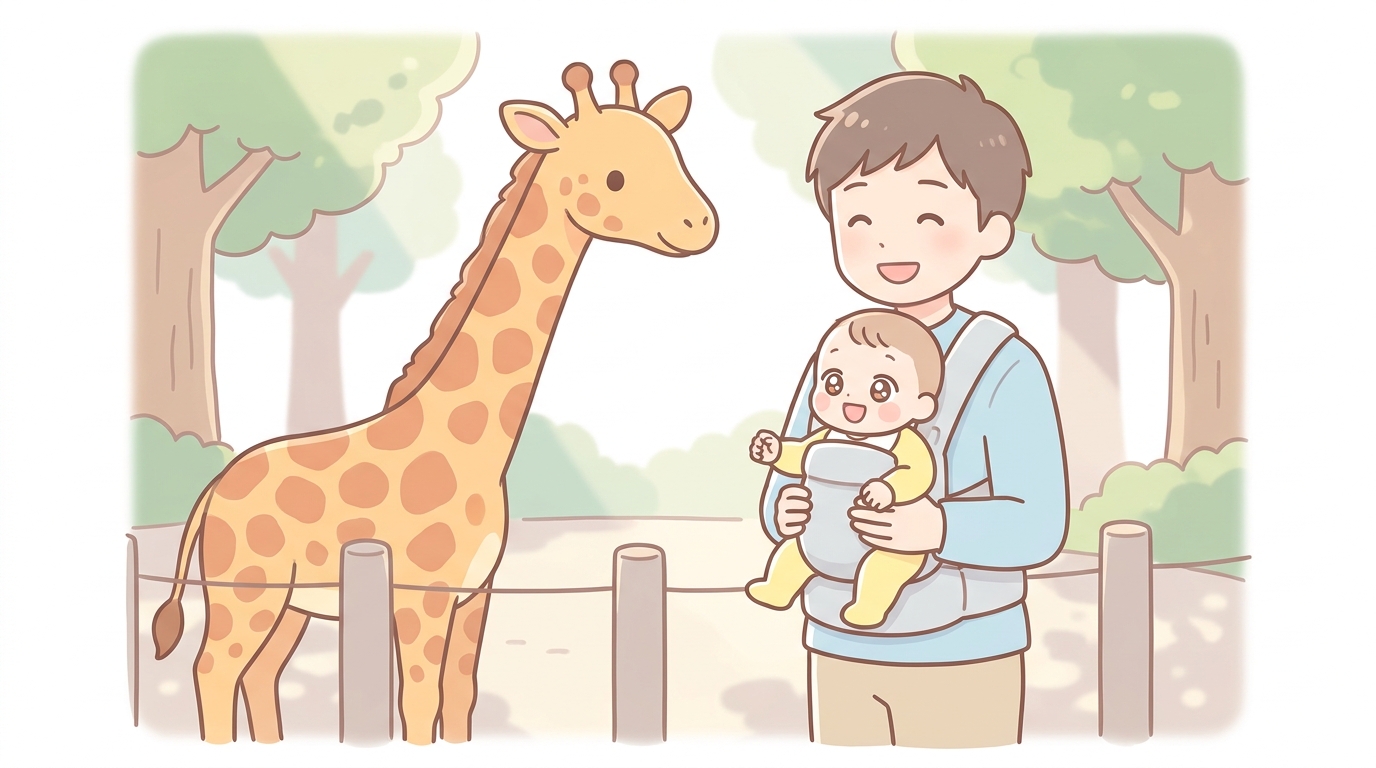 動物園のキリンの前で前向き抱っこ紐に乗った赤ちゃんが目を輝かせている様子と笑顔のパパ