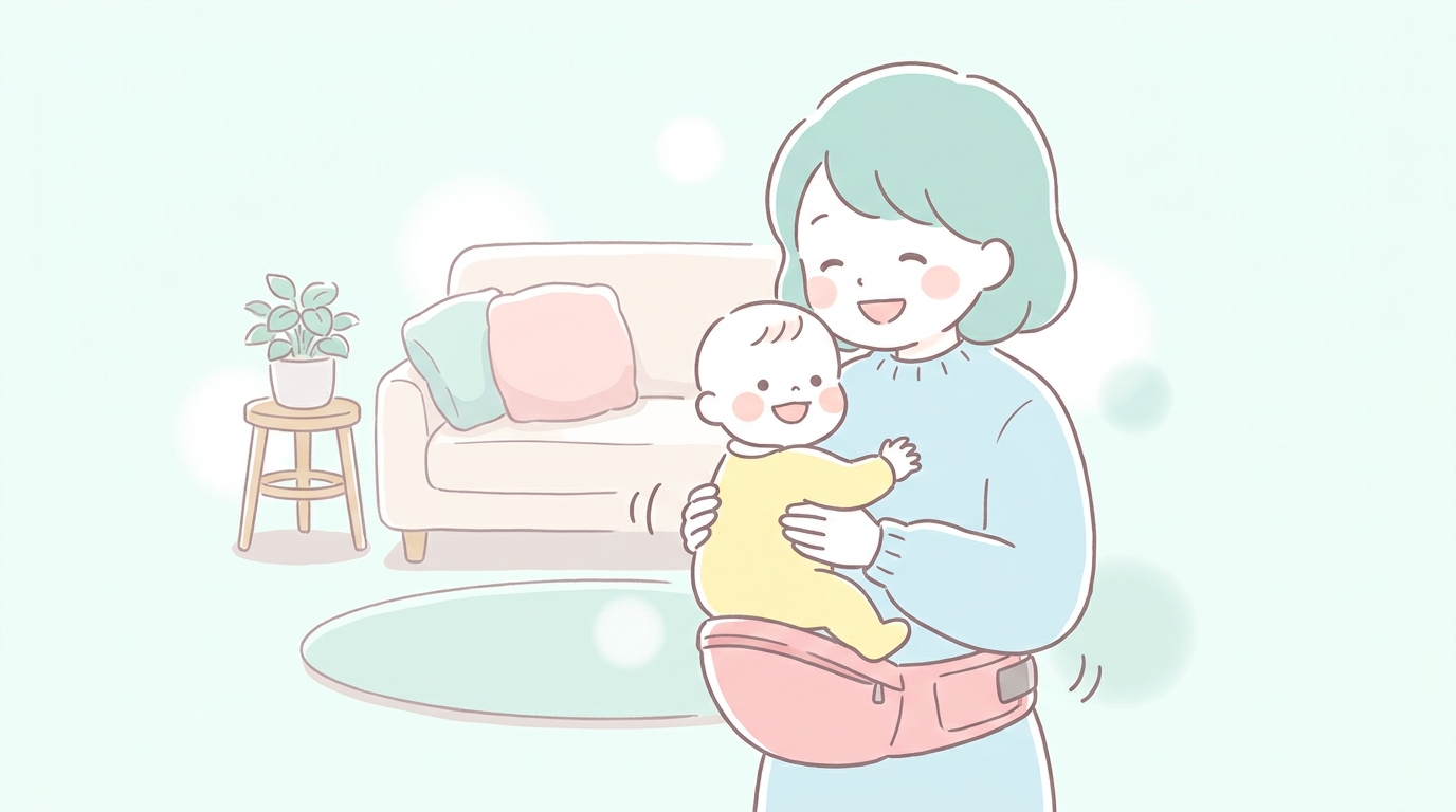 リビングで生後7ヶ月の赤ちゃんをヒップシートに座らせてあやす笑顔の母親