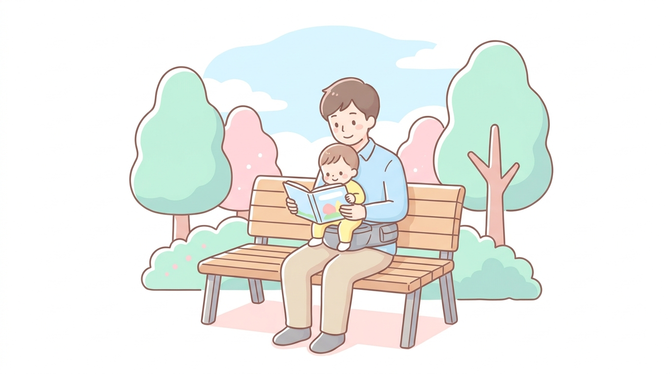 公園のベンチでヒップシートを使って1歳の子どもを抱っこしながら絵本を読む父親