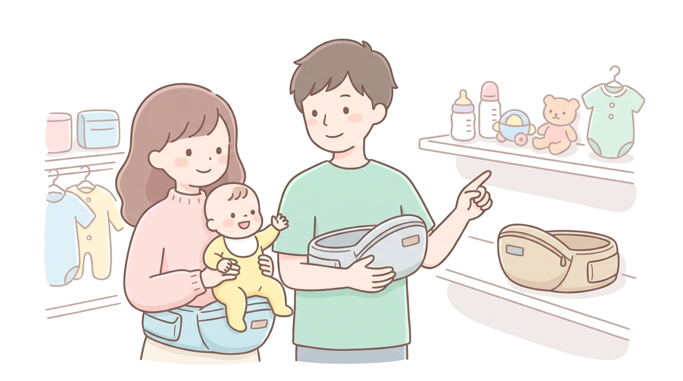 ベビー用品店でヒップシートを試着しながら比較検討している若い夫婦