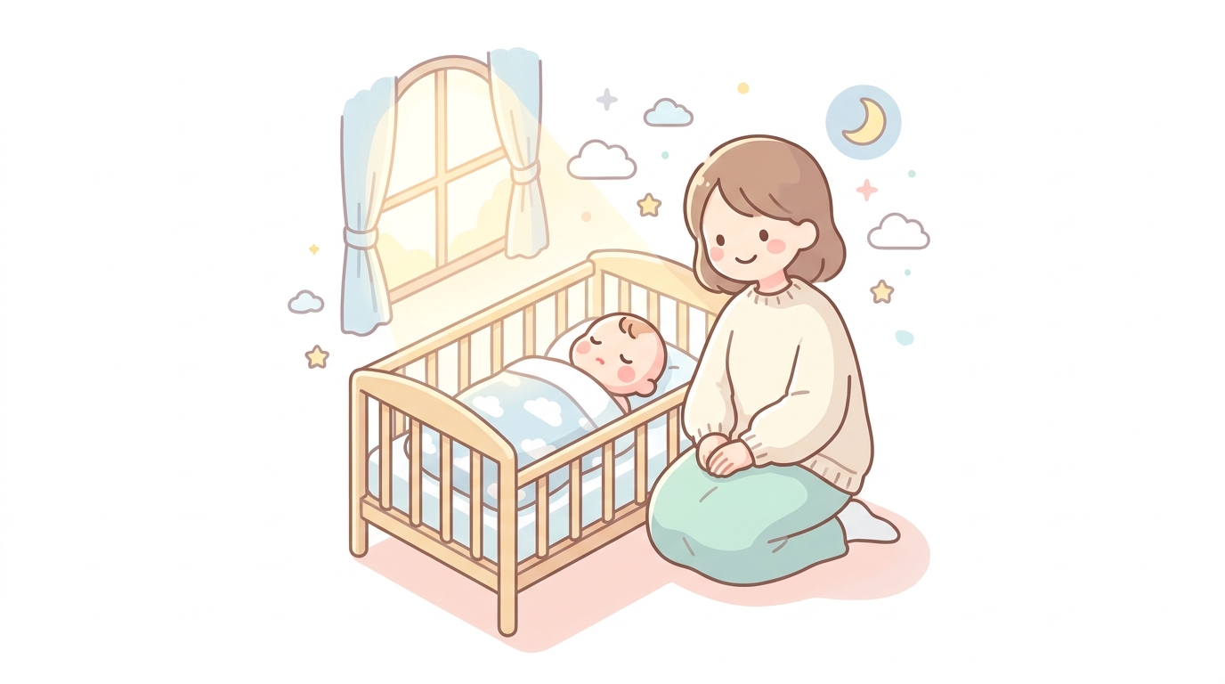 柔らかい光の差し込む寝室で、ベビーベッドで穏やかに眠る生後数ヶ月の赤ちゃんと、隣で優しく見守る母親