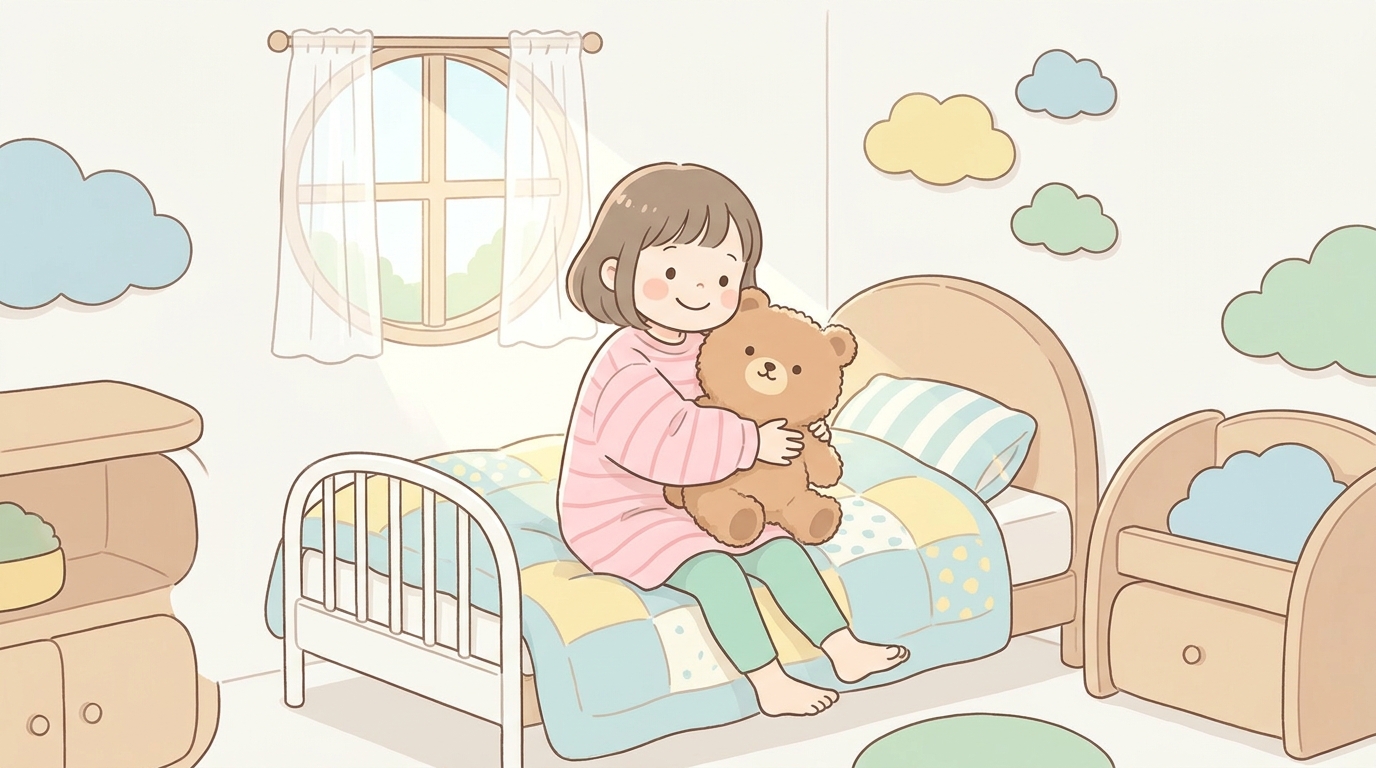 子ども部屋で新しいベッドに座り、お気に入りのぬいぐるみを抱きしめて嬉しそうに笑う4〜5歳くらいの女の子
