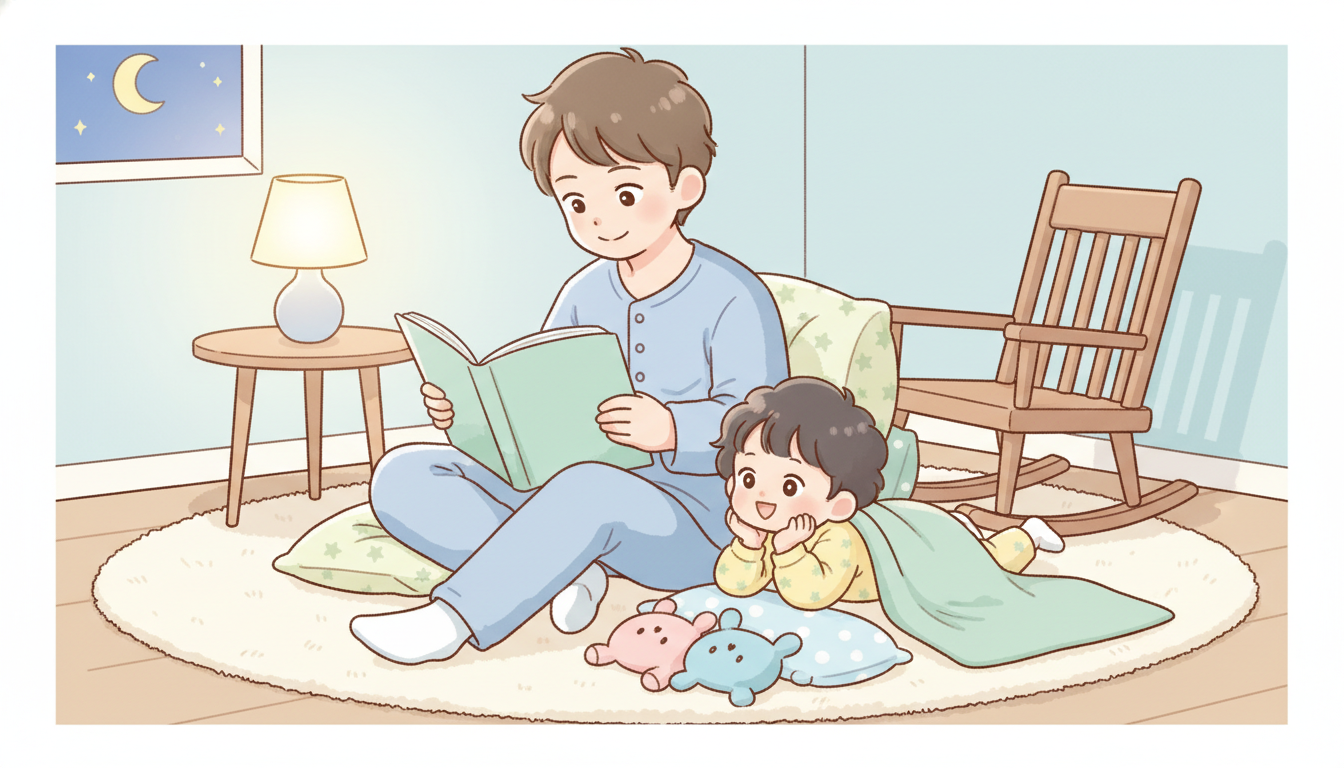 夜のリビングで、絵本を読み聞かせながら子どもと添い寝の準備をする父親と、パジャマ姿で楽しそうに耳を傾ける幼児