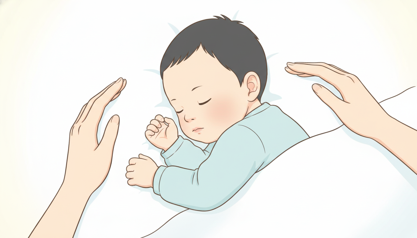 白いブランケットの上で小さな手を顔の横に広げて眠る生後1か月ほどの赤ちゃんを上から優しく見守る母親の手