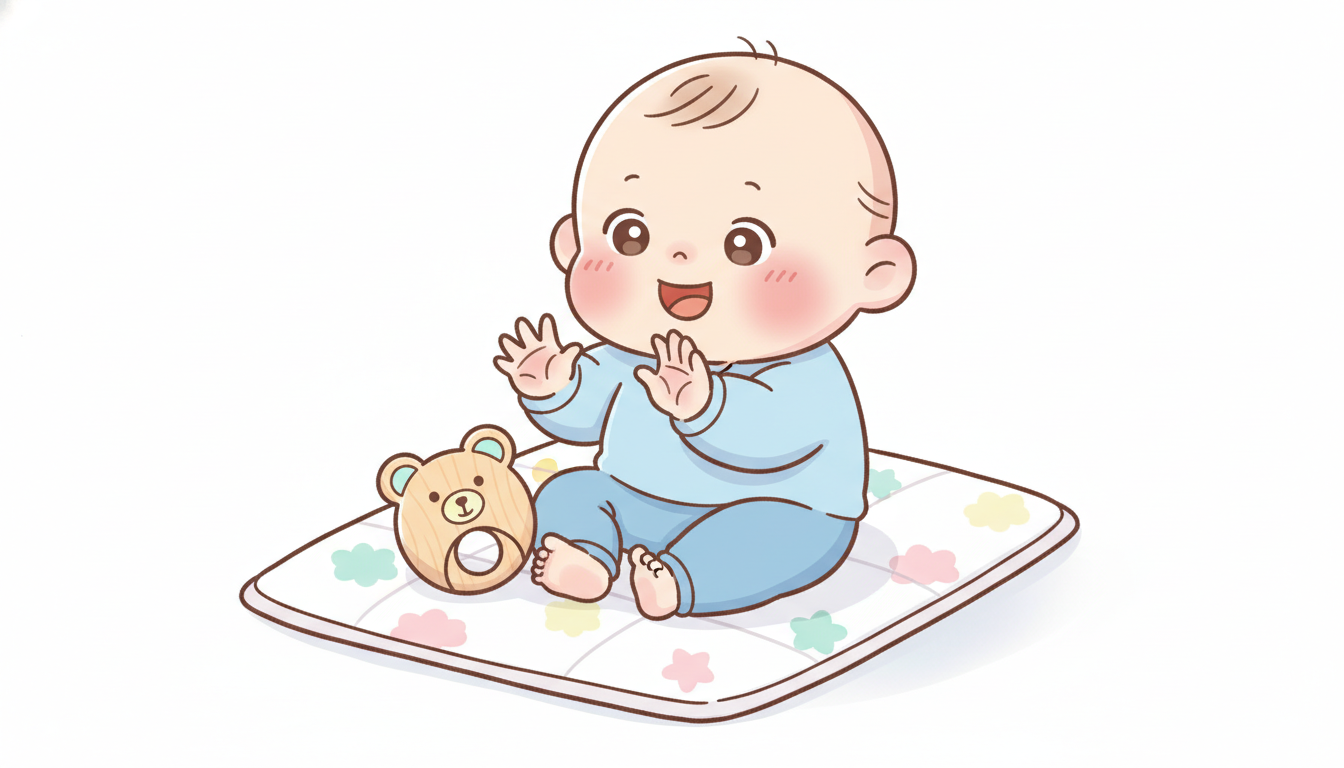 木製のおもちゃに手を伸ばし、自分の手をじっと見つめる生後3か月ほどの赤ちゃんがプレイマットの上で笑っている様子