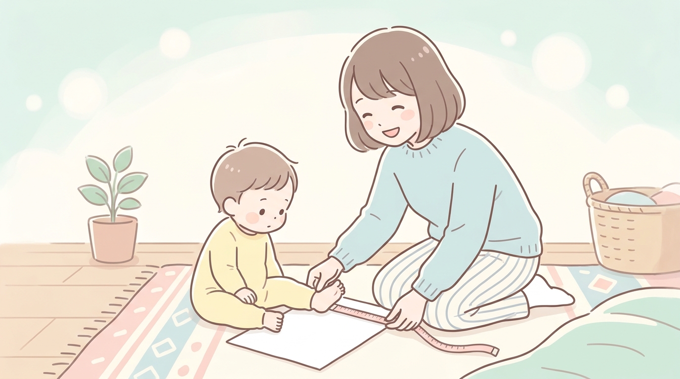 床にA4の紙を敷いて、お母さんが1歳の赤ちゃんの足のサイズをメジャーで測っている温かい雰囲気のリビング