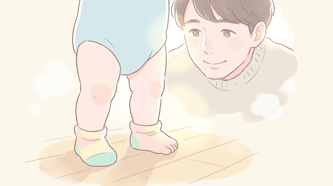 つかまり立ちをしている1歳の赤ちゃんの足元を、ニコニコと見守る父親の優しい眼差し