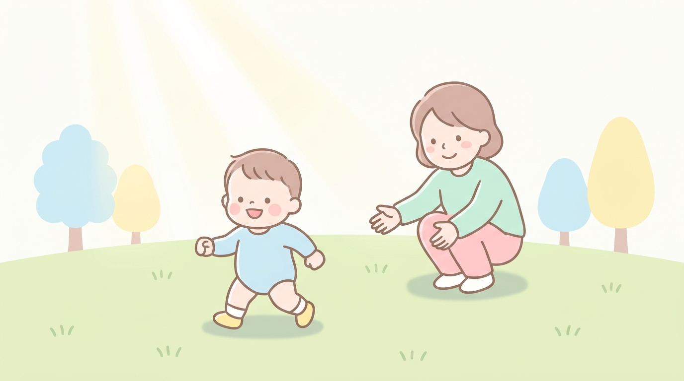 公園の芝生で笑顔でよちよち歩きをしている1歳の子どもと、しゃがんで両手を広げて待つ母親
