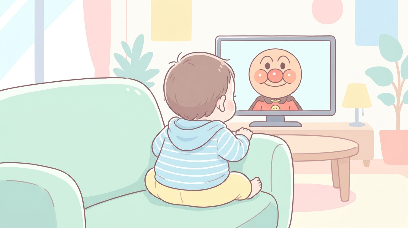 リビングのソファに座ってテレビに映るアンパンマンを真剣に見つめる1歳の赤ちゃんの後ろ姿
