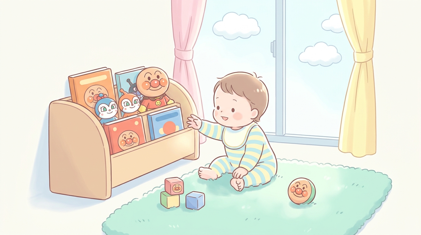 カラフルなアンパンマンの絵本とおもちゃが並ぶ明るい子ども部屋でおもちゃに手を伸ばす1歳児