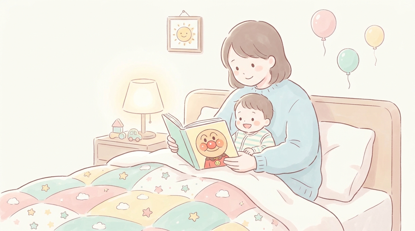 寝室のベッドの上でお母さんが1歳の子どもにアンパンマンの絵本を読み聞かせている温かい雰囲気