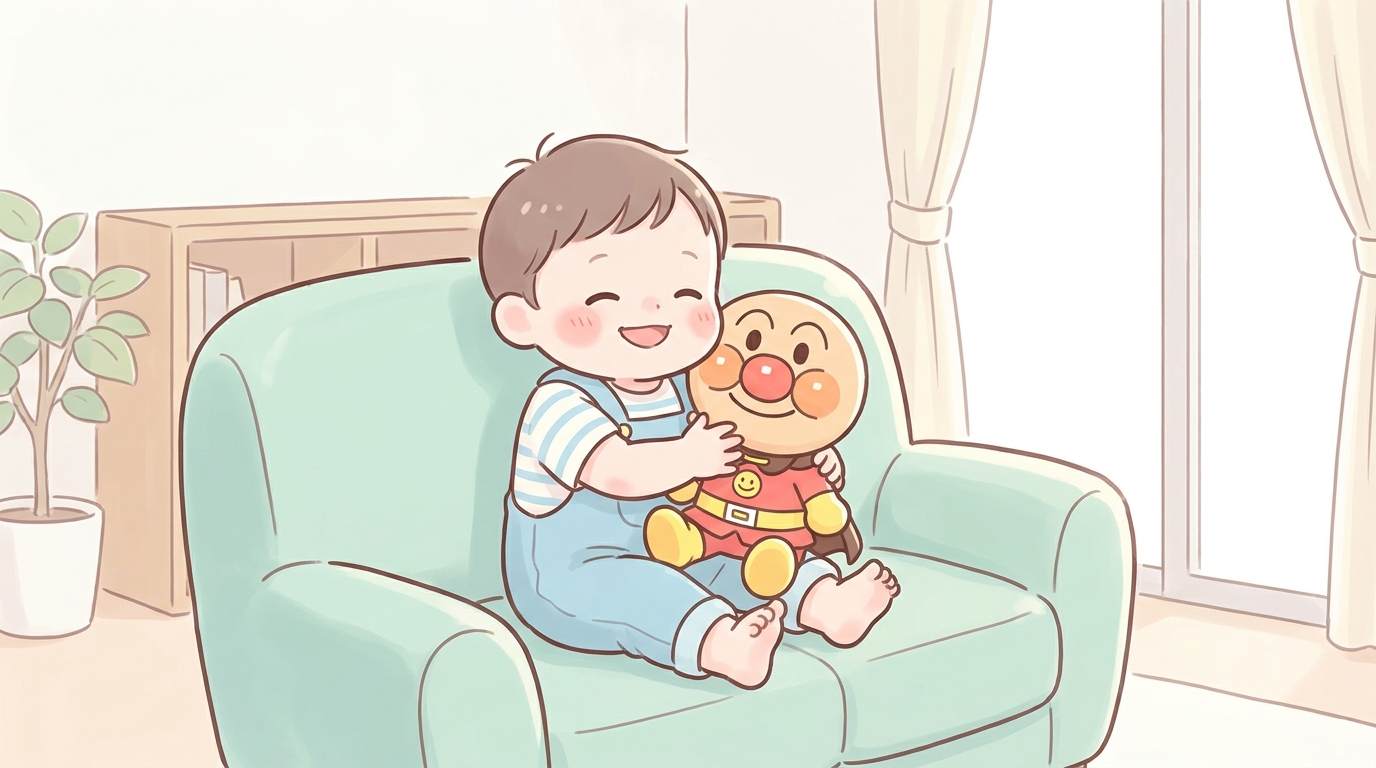 リビングのソファでアンパンマンのぬいぐるみを抱きしめて笑顔の1歳児