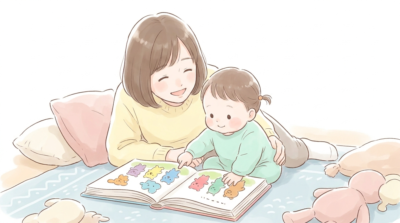 カラフルなキャラクター絵本を広げて指差しする1歳の女の子と寄り添う母親