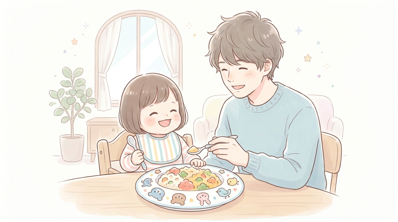 キャラクター柄のお皿で食事をする笑顔の1歳児とサポートするパパ