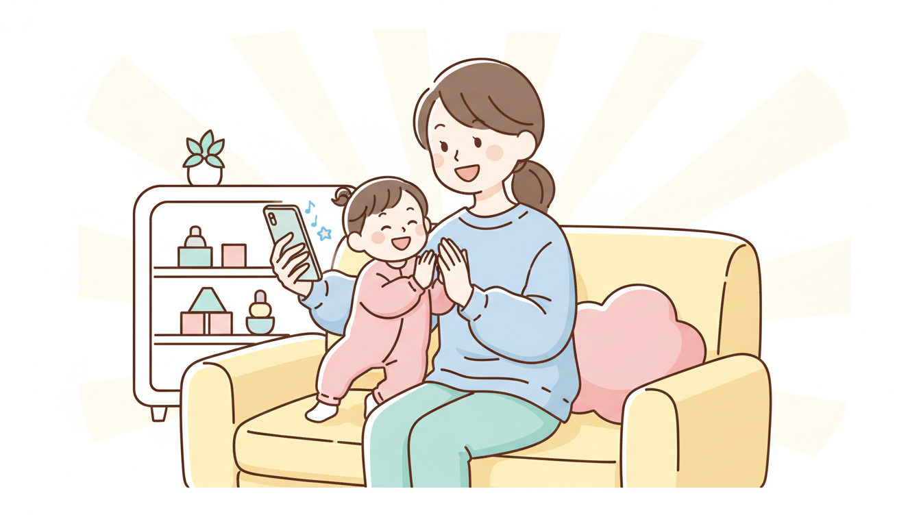 リビングのソファでスマートフォンを一緒に見ながら笑顔で手を叩く母親と1歳の女の子