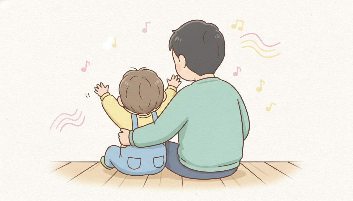 床に座って音楽に合わせて両手を上げて踊る1歳の男の子と寄り添う父親の後ろ姿