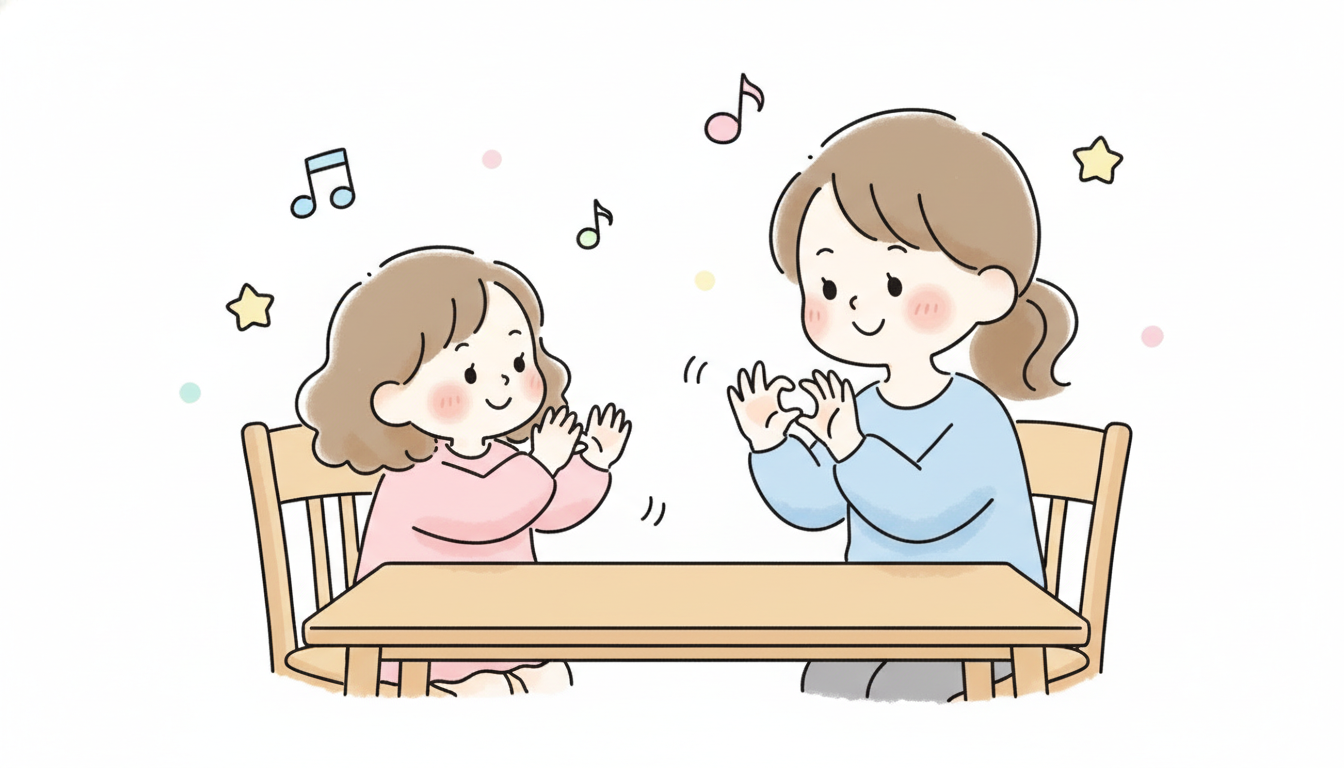 ダイニングテーブルの前で1歳の女の子と母親が手遊び歌の振り付けをまねしている温かい雰囲気のシーン