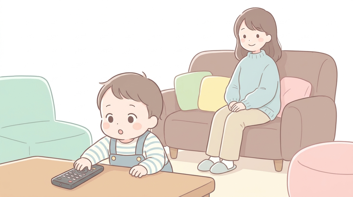 リビングで好奇心いっぱいの表情でローテーブルの上のリモコンに手を伸ばす1歳児と、優しく見守る母親