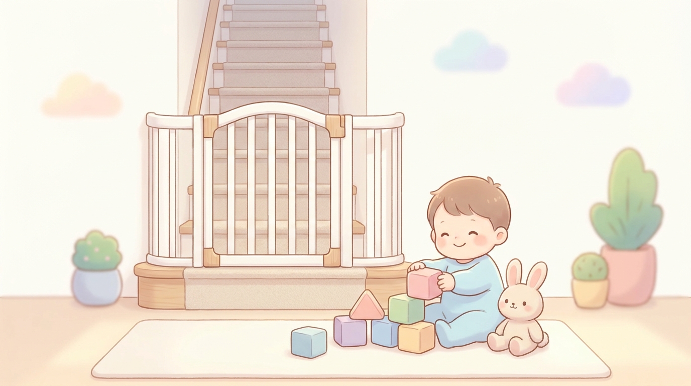 安全のためにベビーゲートが設置された階段の前で、おもちゃで楽しそうに遊ぶ1歳児