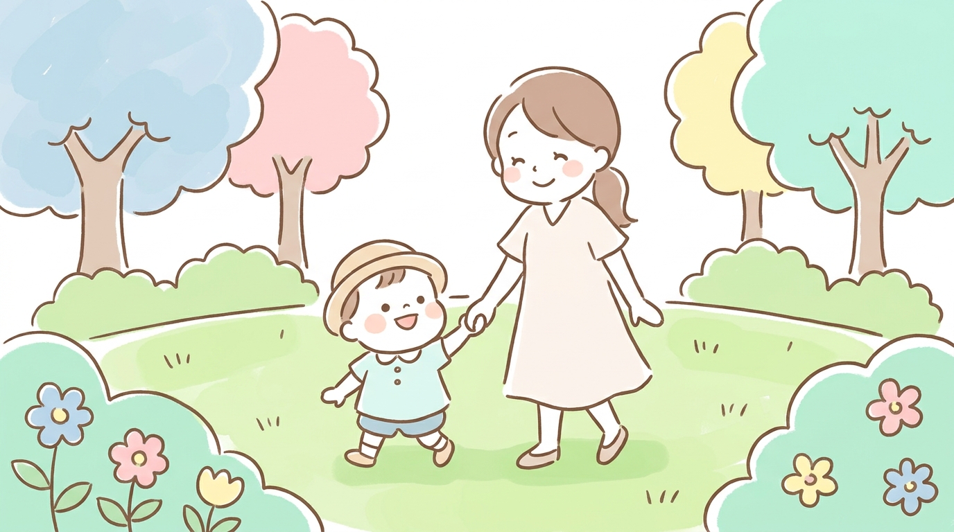 公園で母親と手をつなぎながら笑顔で歩く帽子をかぶった1歳児、背景には緑の芝生