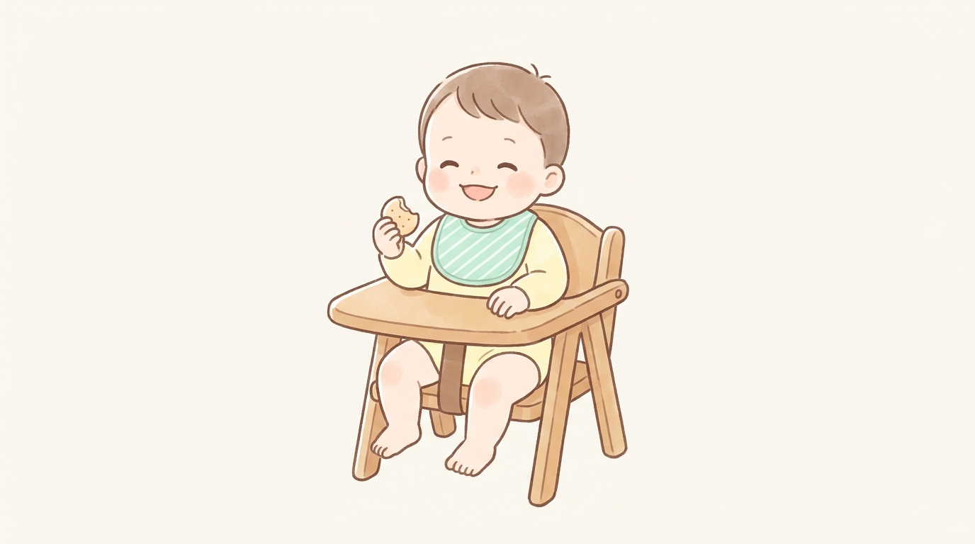 ハイチェアに座って小さな手で赤ちゃんせんべいを持ち、にっこり笑う1歳前後の赤ちゃん