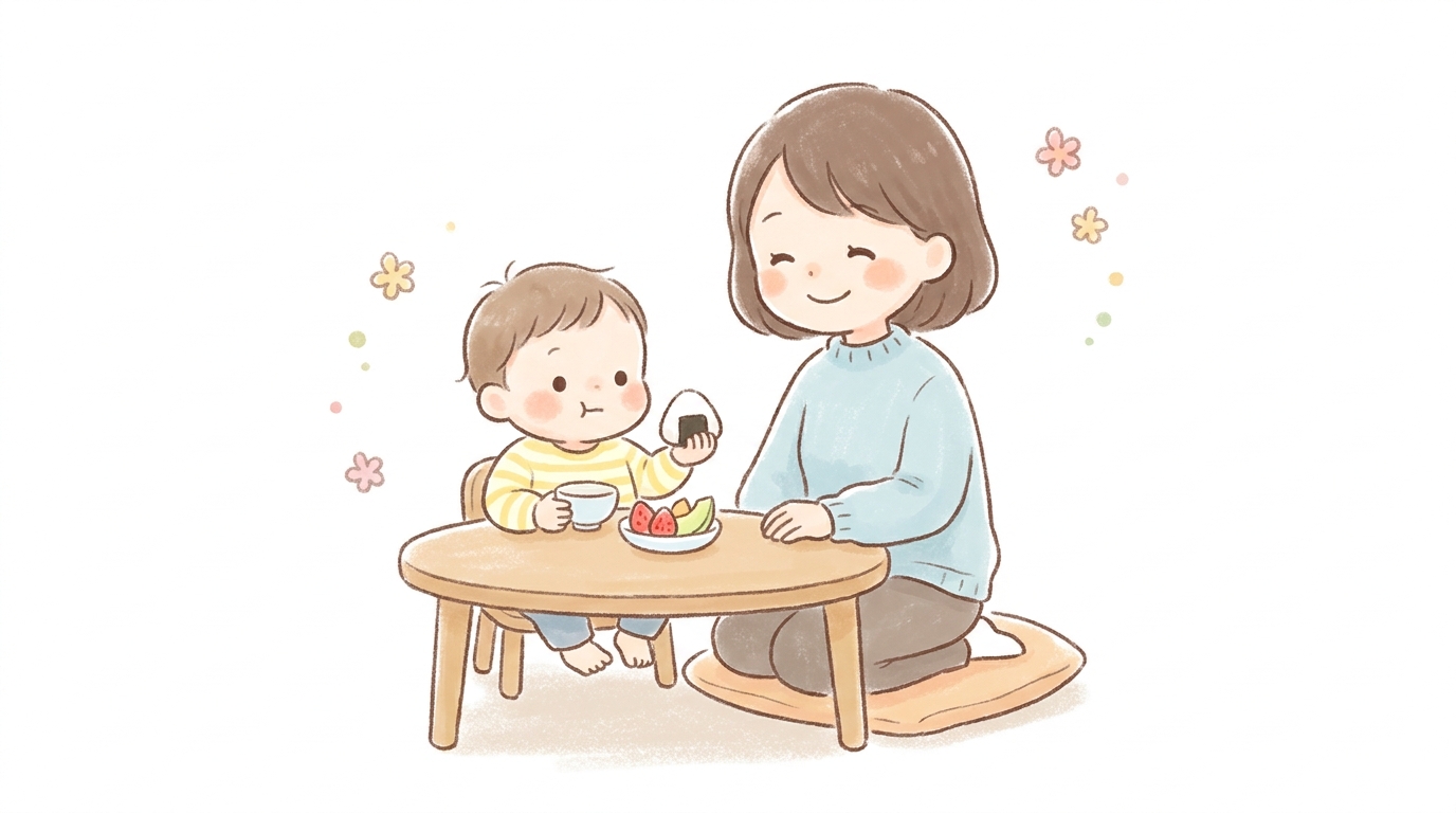 子ども用テーブルでおにぎりとフルーツを食べる1歳児と、隣で笑顔で見守る母親