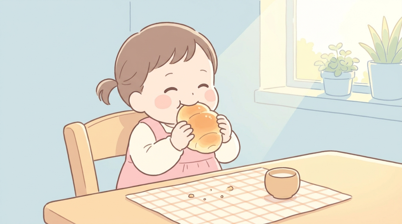 キッチンのテーブルでロールパンを両手で持って嬉しそうに頬張る1歳児の女の子