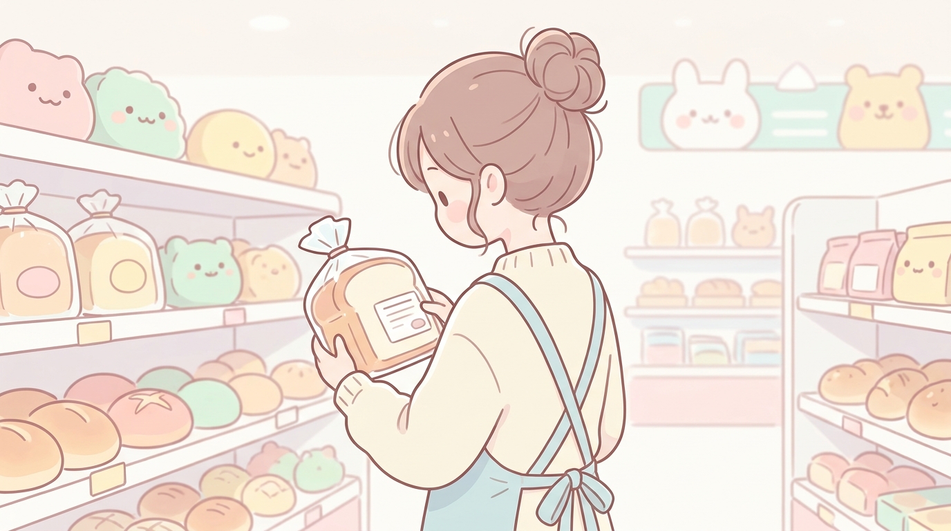 スーパーのパン売り場で原材料表示を確認している若いお母さんの後ろ姿