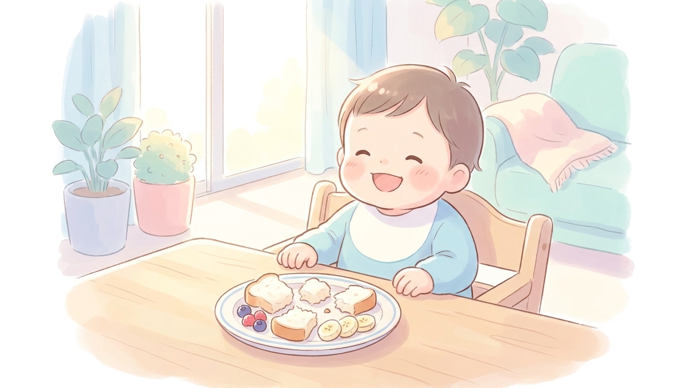 朝の食卓で小さくちぎられたパンとフルーツが乗ったプレートを前にする子ども