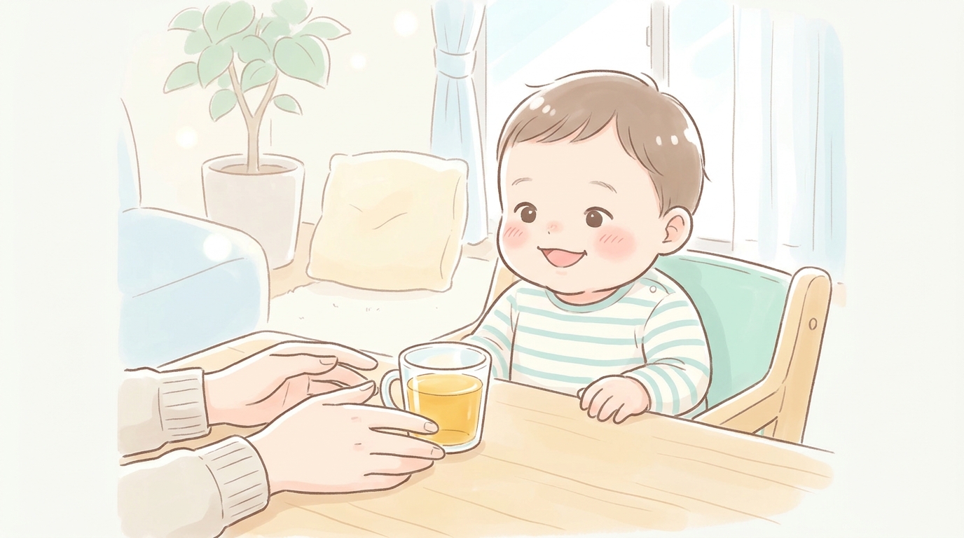 コップに入ったりんごジュースを笑顔で見つめる1歳くらいの赤ちゃんとそれを見守る母親の手元、明るいリビング
