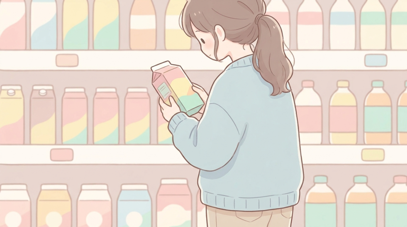 スーパーマーケットの飲料コーナーで紙パックのジュースを手に取って原材料表示を確認している母親の後ろ姿