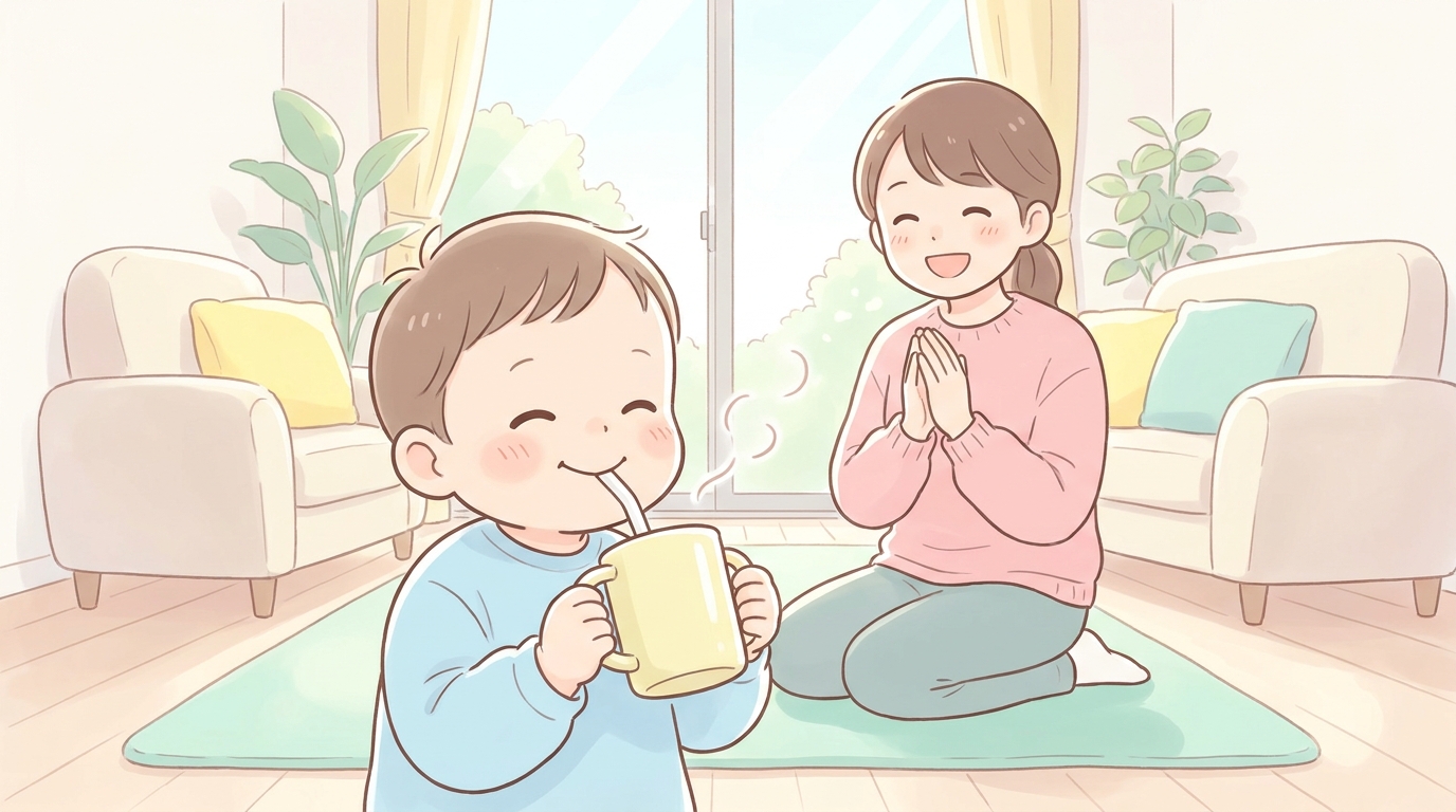 ストローマグで麦茶を飲む笑顔の1歳児とその様子を優しく見守る母親、明るいリビングの自然光