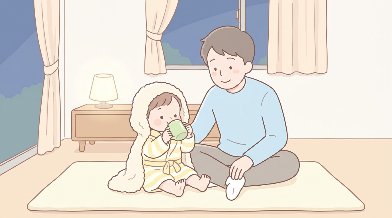 お風呂上がりにバスタオルを巻いてマグで麦茶を飲む1歳の子どもと、ほほえむ父親の和やかな夜のシーン