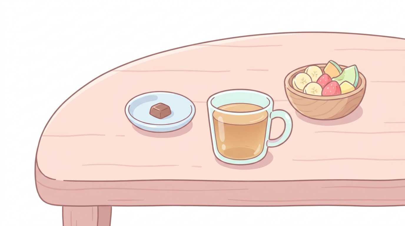 木製テーブルの上に小皿に乗った小さなチョコレート1かけと、麦茶の入ったコップ、果物が並んだ優しい雰囲気のおやつタイム