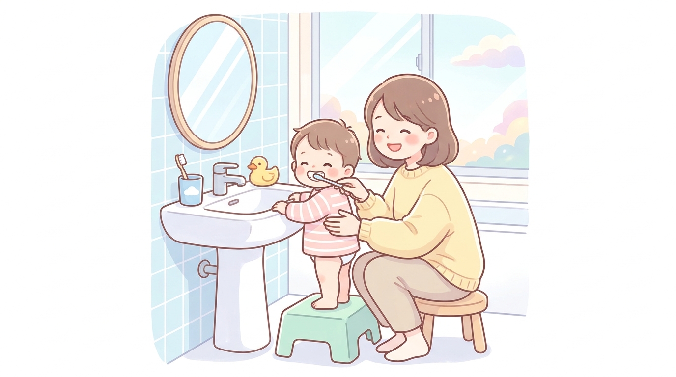 洗面台の前で母親が1歳児の歯を仕上げ磨きしている、明るく清潔感のあるバスルームの様子