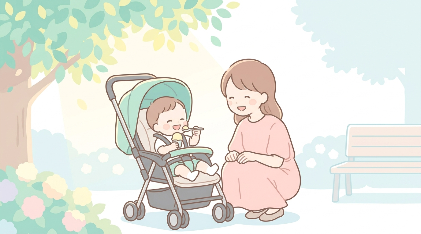 木陰のベビーカーで小さなアイスをスプーンで嬉しそうに口にする1歳児と笑顔で見守るママ、夏の柔らかな光が差し込む公園