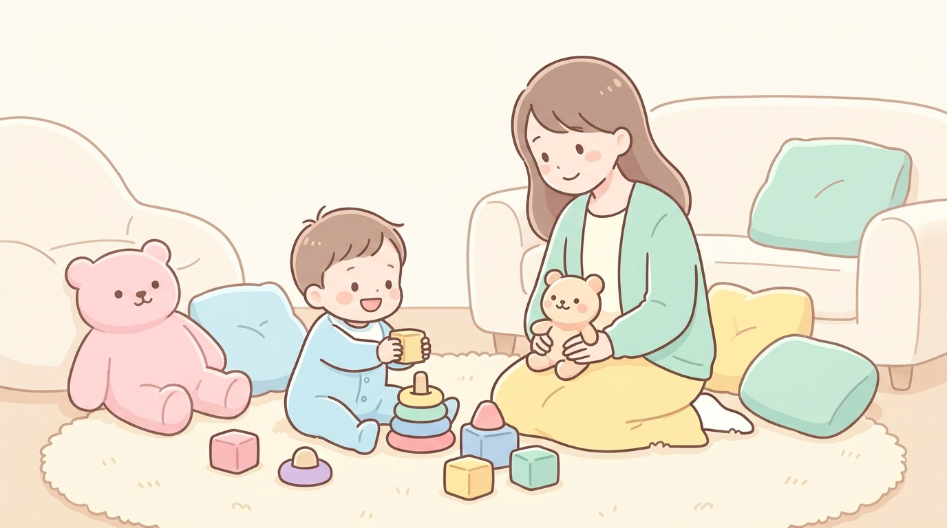 リビングで色とりどりのおもちゃに囲まれて笑顔で遊ぶ1歳の子どもと寄り添う母親