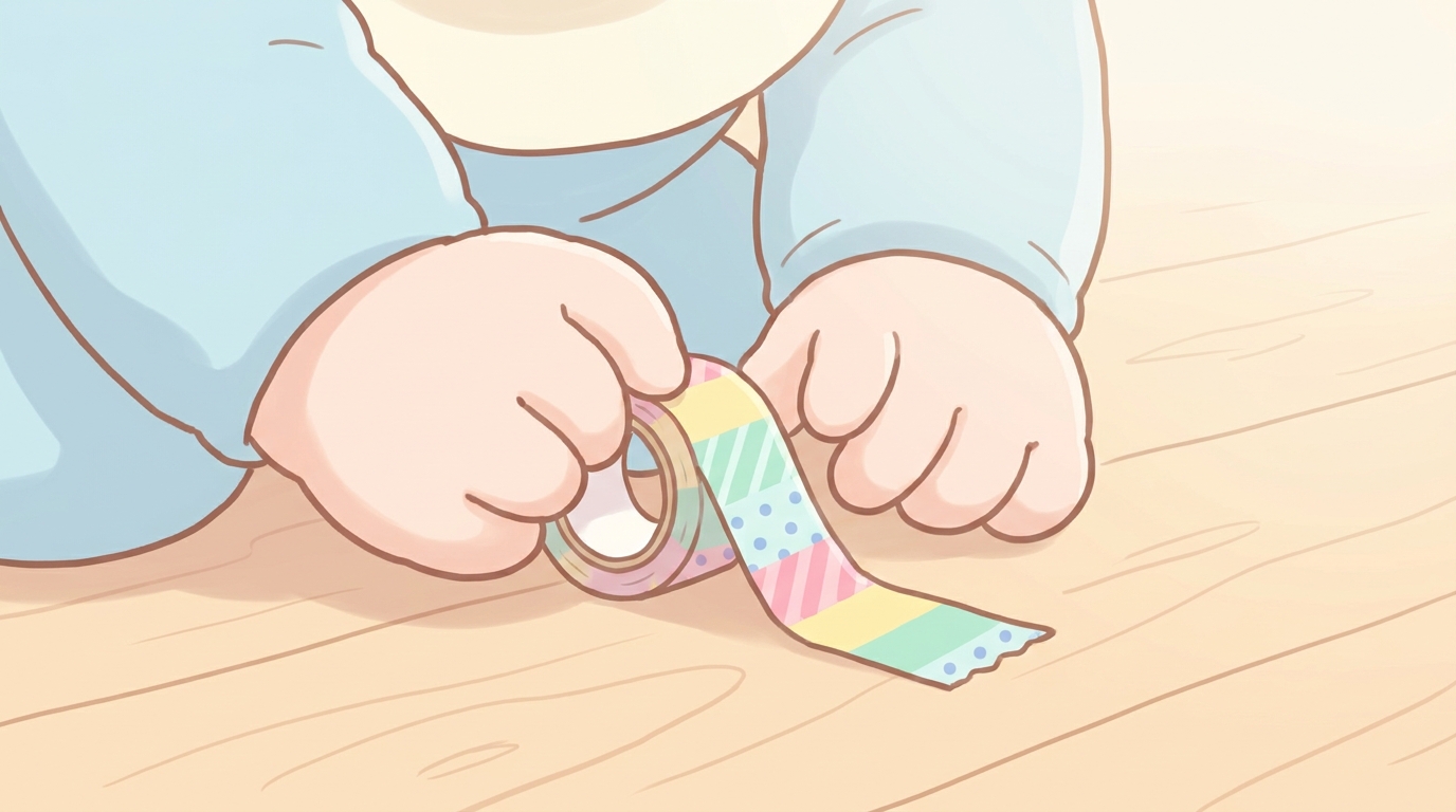 フローリングの床に座ってマスキングテープを真剣な表情ではがそうとしている1歳の子どもの手元のアップ
