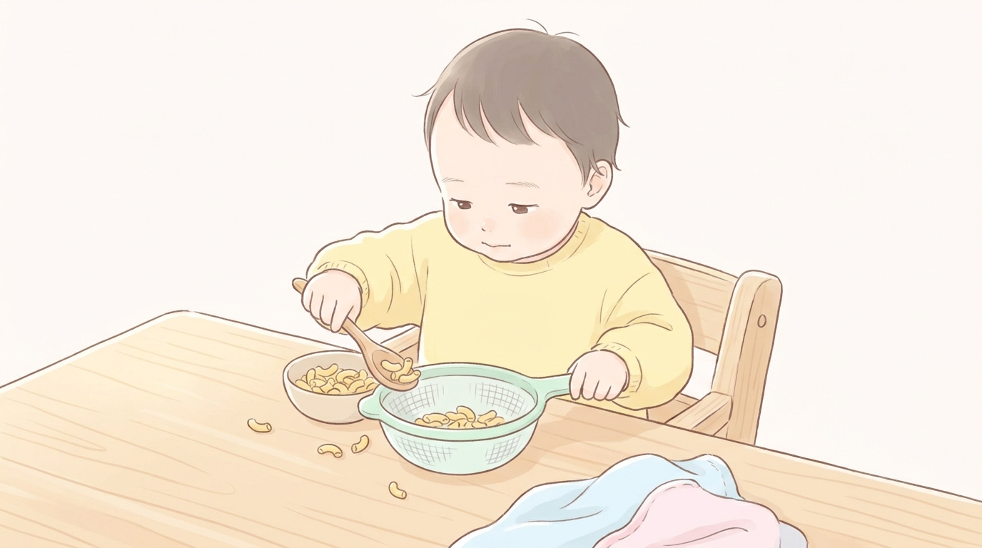 ナチュラルなウッドテーブルで小さなスプーンを使ってザルにマカロニを移して遊ぶ1歳の子どもの集中した表情